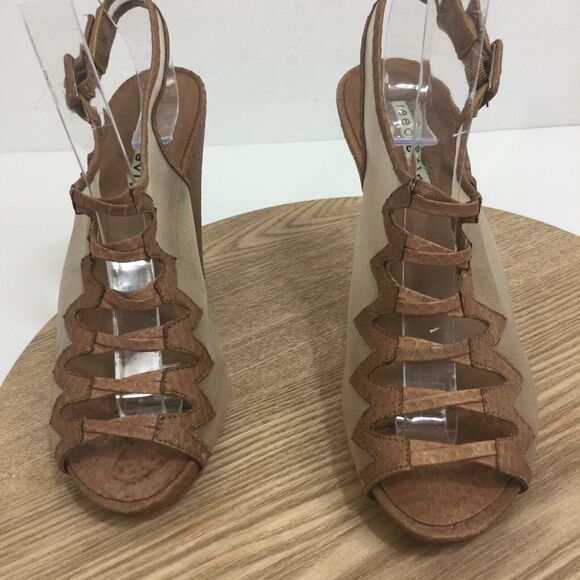 Reed Evins Anthropologie Women Mesh Leather Reptile Open Toe Heels Tan Ivory 7.5 - Picture 2 of 16